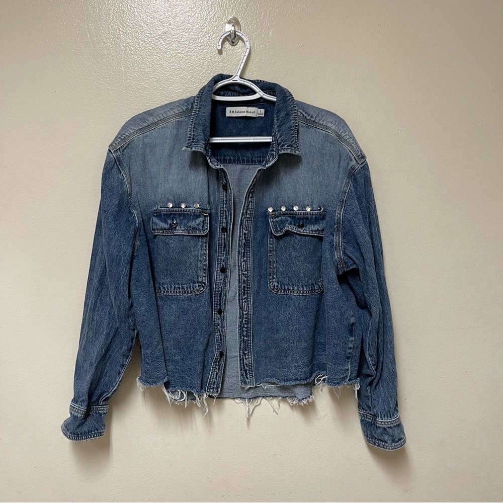 Rebecca Minkoff Distressed Studded Denim Jacket Transitional Fall layering Large
